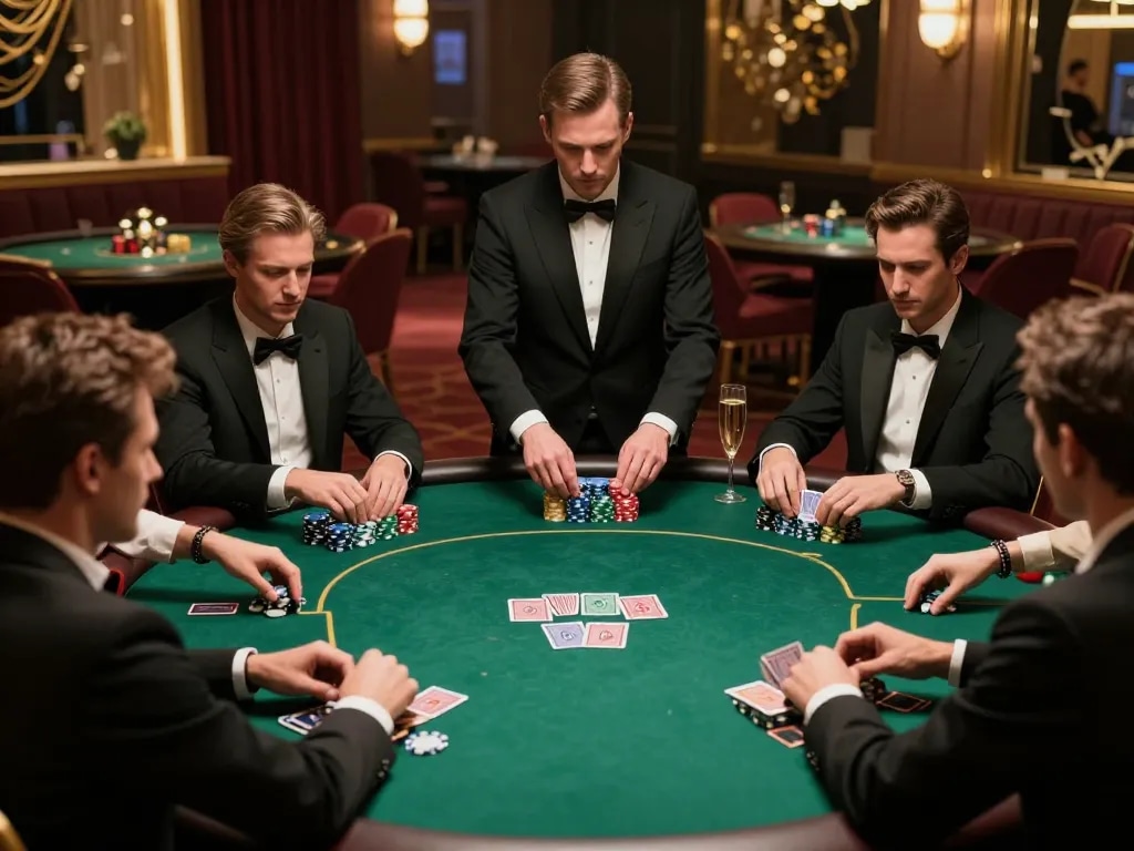 Players engaging in a high-stakes poker game at a luxury casino, showcasing SC88 chips and strategic betting.