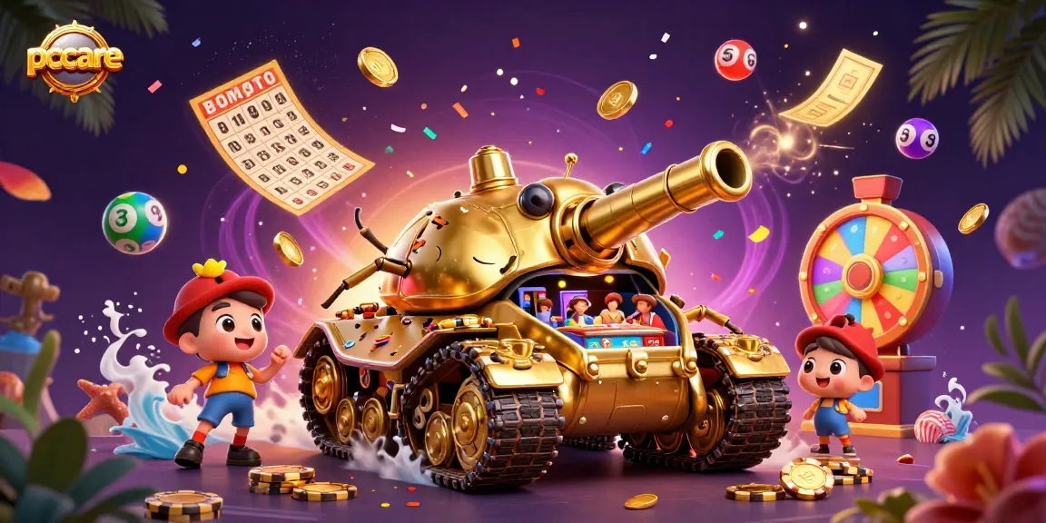Experience exciting gameplay at pccare with a dynamic casino-themed scene filled with lottery and gaming elements.