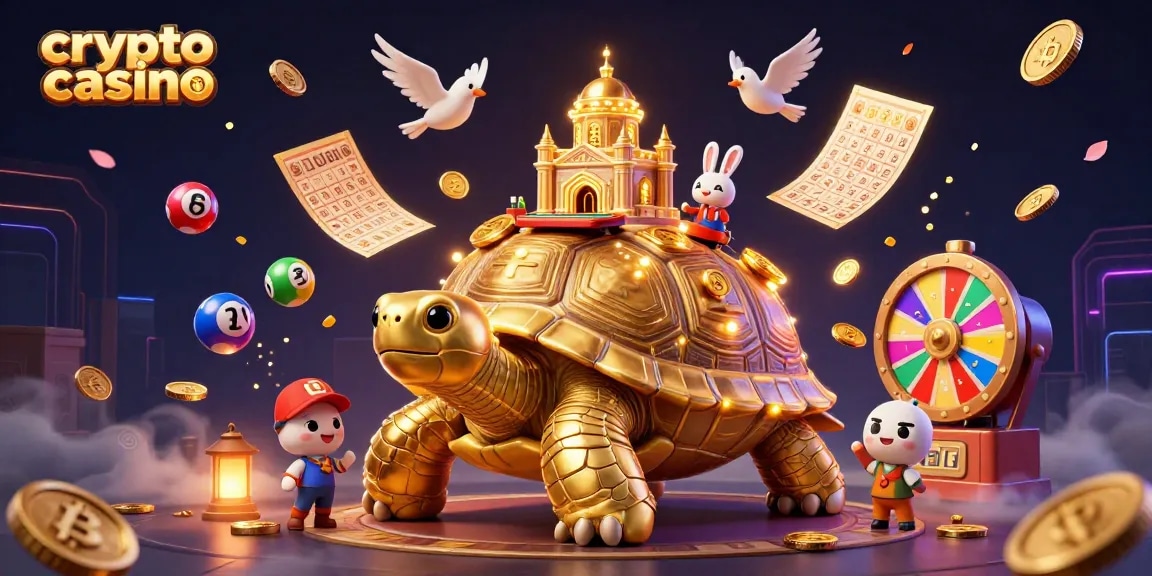 Engage with the vibrant world of a crypto casino, featuring a golden tortoise and dealer amidst dynamic prizes.