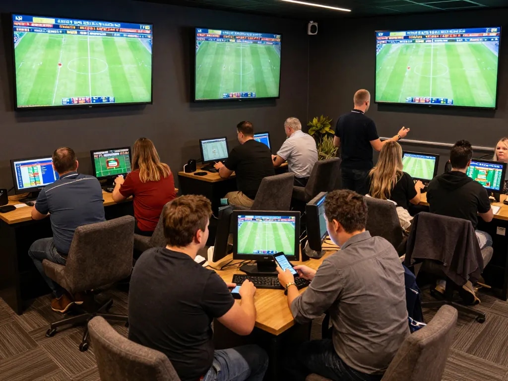 situs steaksnlobsters sports betting lounge with engaged patrons placing bets on live games