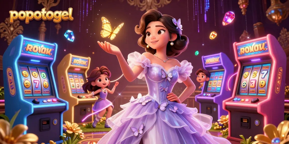 Experience engaging gameplay at popotogel with this vibrant casino-themed illustration of slots and jackpots.