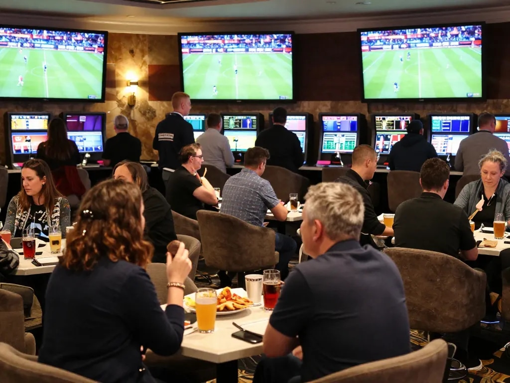 Excited players engaging in sports betting at nhà cái o8's lively lounge during a major game