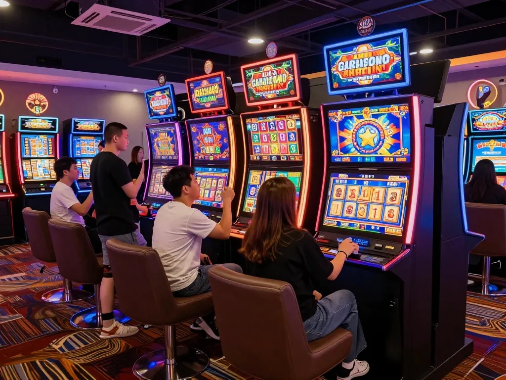 Pemain menikmati permainan slot gacor hari ini di lingkungan kasino yang penuh semangat dengan tampilan berwarna-warni.