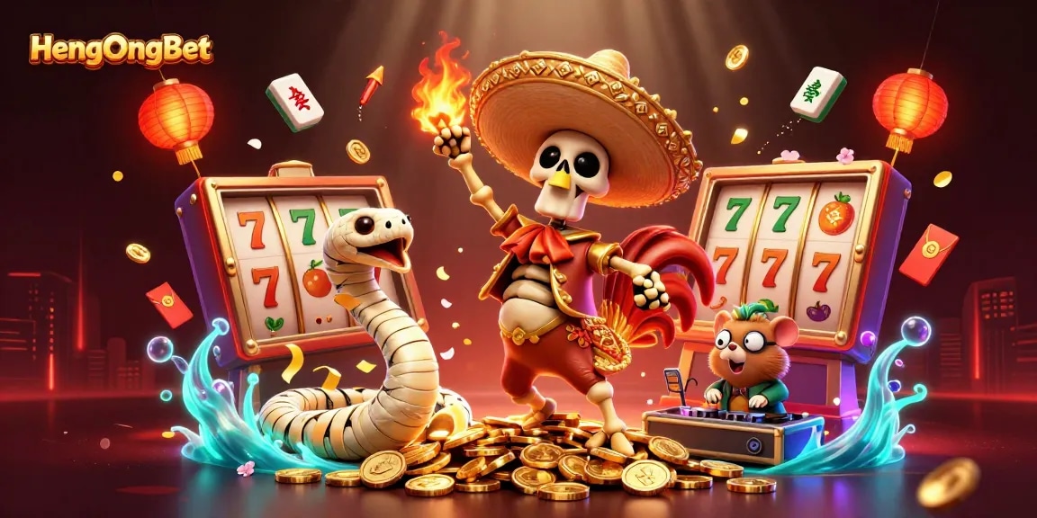 Engage in thrilling gaming at HengOngBet, featuring animated characters celebrating with casino elements.