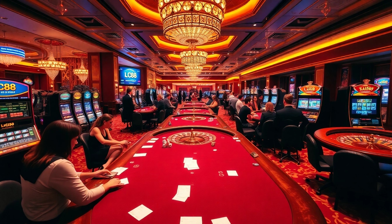 Exciting casino atmosphere with LC88 branding featuring poker tables and slot machines.