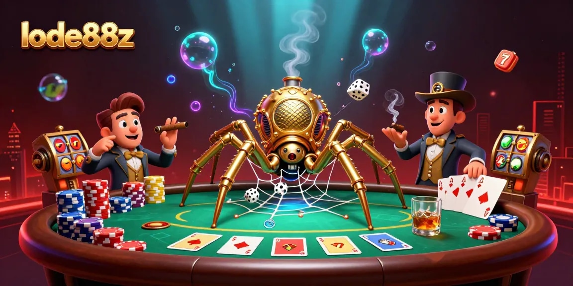 Experience the thrill of gaming with lode88z in this vibrant casino-themed illustration filled with steampunk elements.