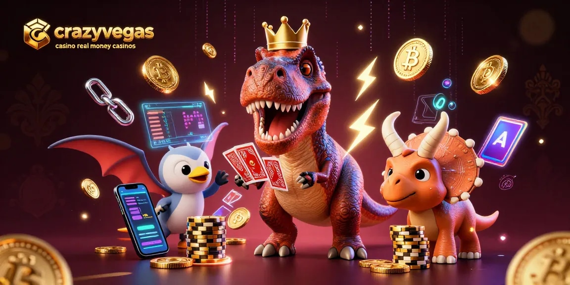 Engage with crazyvegas casino real money casinos in a vibrant 3D illustration of a T-Rex shuffling cards.