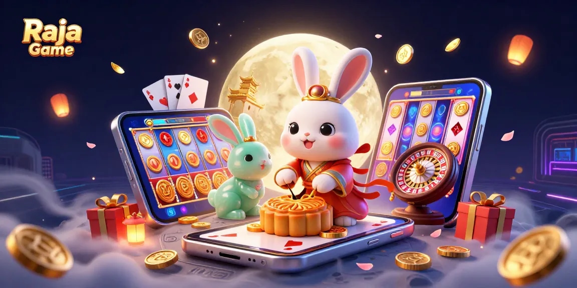 Play exciting games on Raja Game with a vibrant casino illustration of a moon rabbit, poker chips, and rewards.