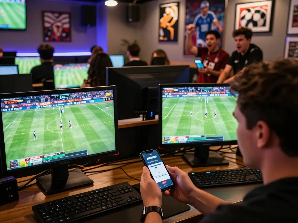 Person engaging in sports betting and login mposport on smartphone amid lively sports hub atmosphere