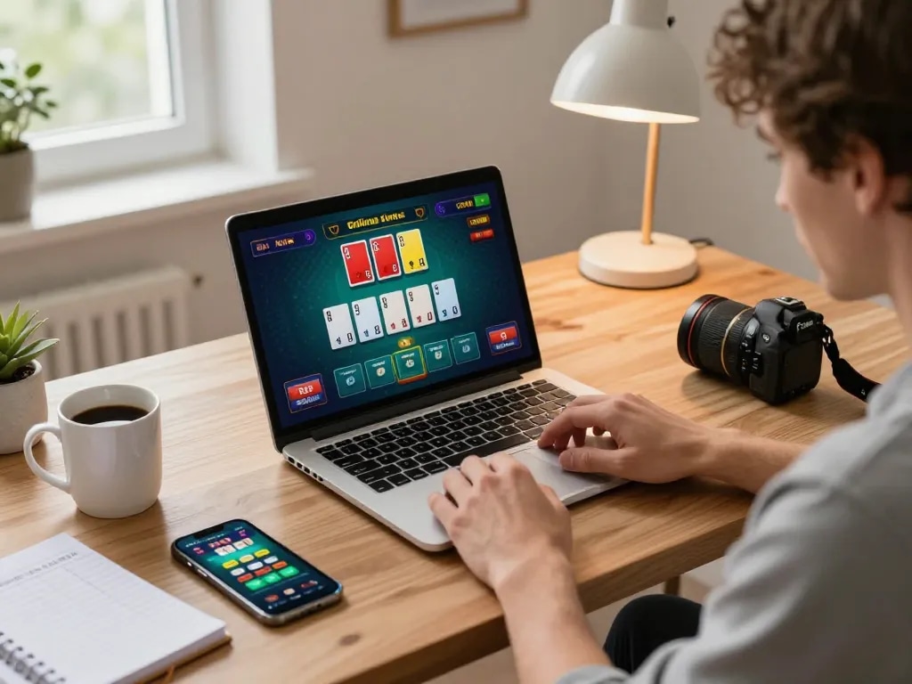 Player engaging in an online blackjack game on laptop, showcasing Sunwin gaming strategy in a cozy workspace.