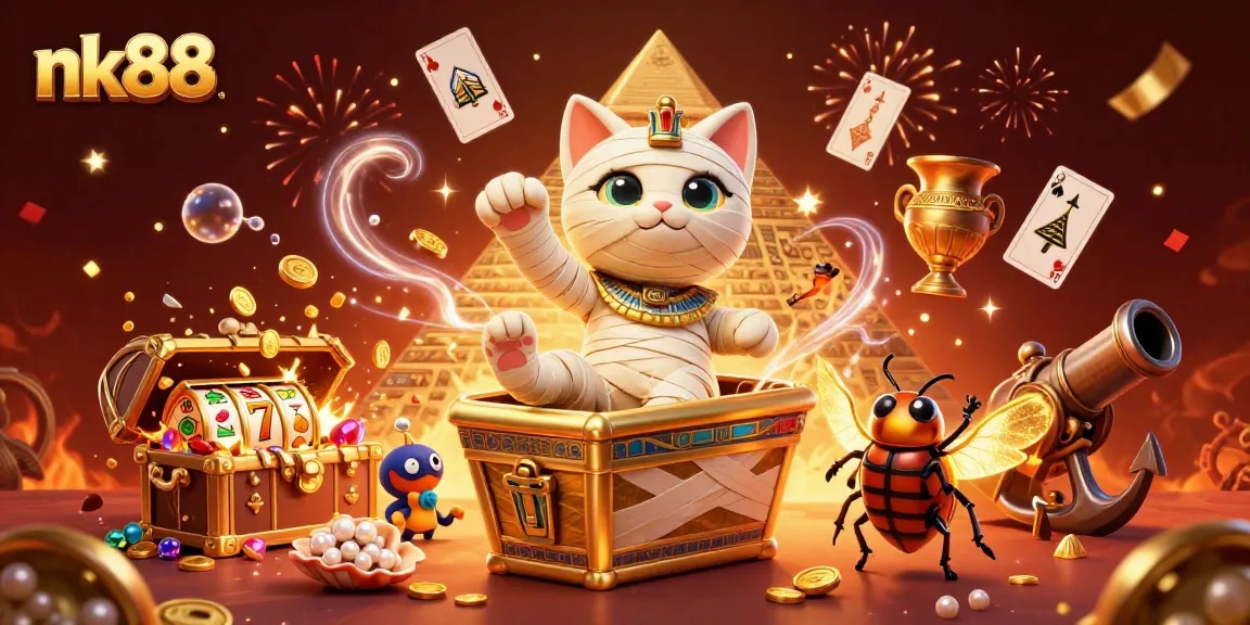 Experience thrilling games at nk88 with a vibrant casino scene showcasing lively characters, slot reels, and colorful treasures.