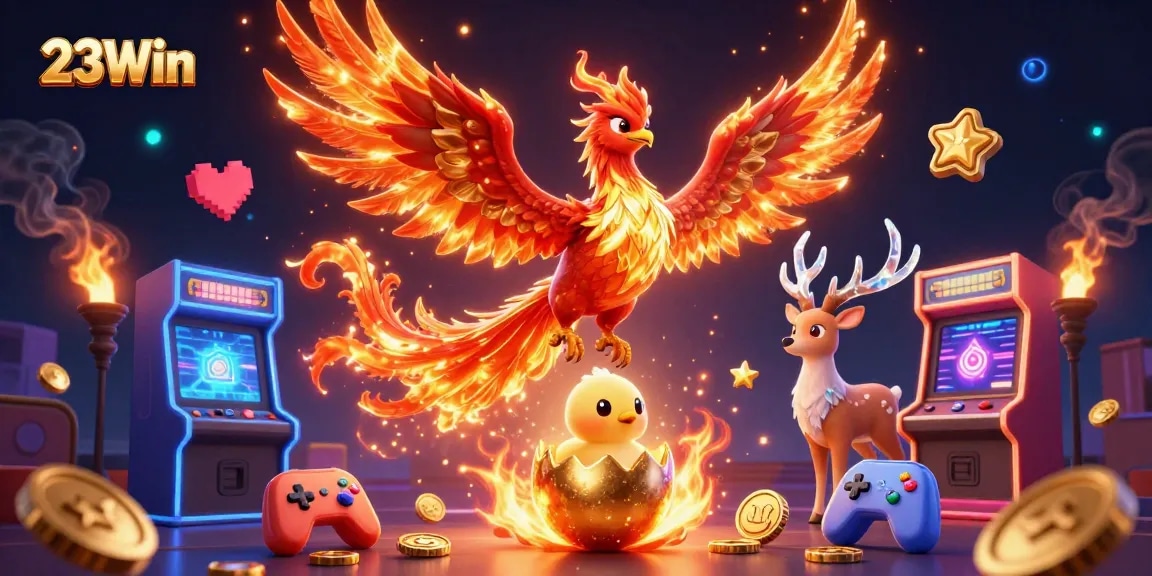 Experience thrilling gameplay with 23Win's dynamic 3D casino illustration featuring a phoenix and vibrant gaming elements.