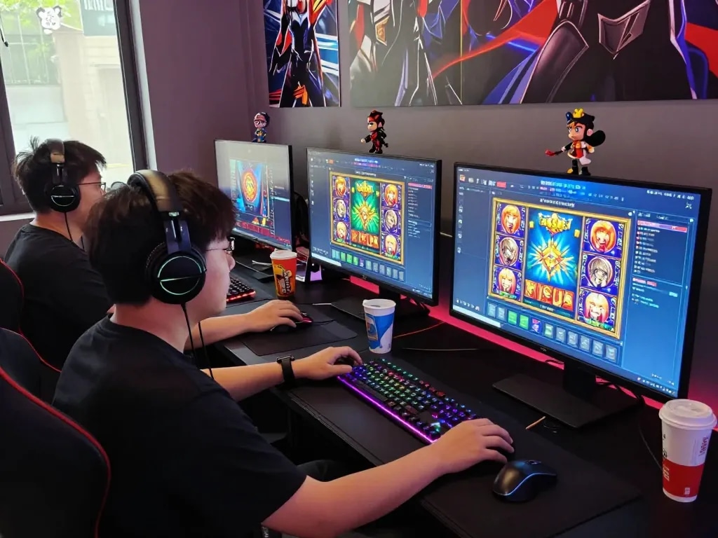 Pemain menikmati permainan slot laoban188 di setup permainan modern dengan beberapa layar dan visual yang cerah.