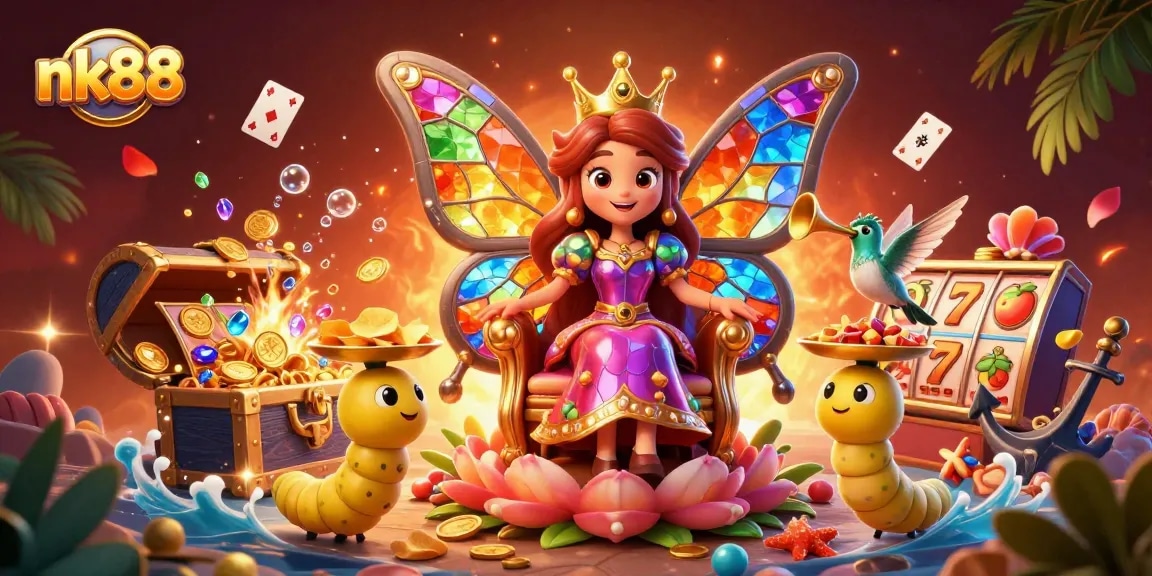 Enjoy thrilling games at nk88 with a vibrant 3D casino scene showcasing colorful characters and rich details.