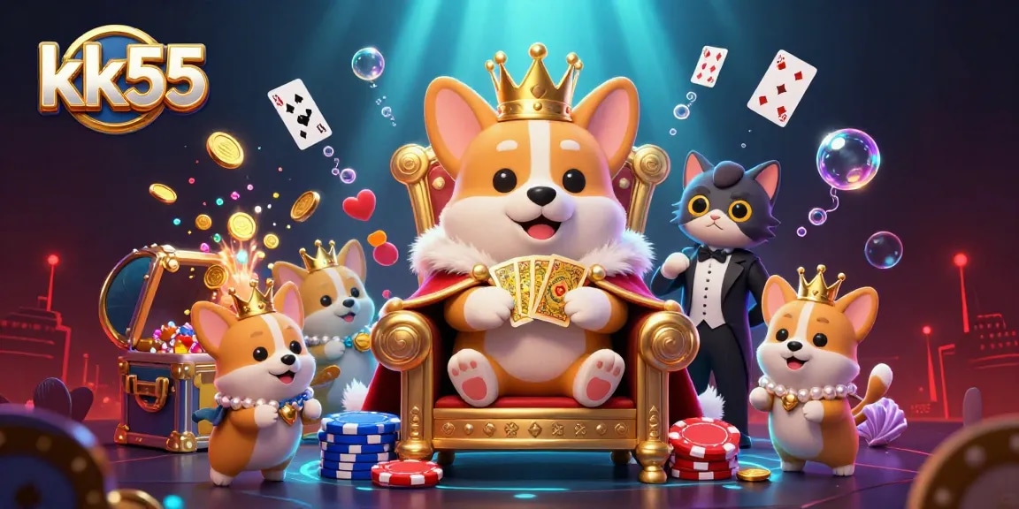 kk55 showcases an exciting royal corgi themed casino scene, featuring vibrant gold and colorful casino elements.
