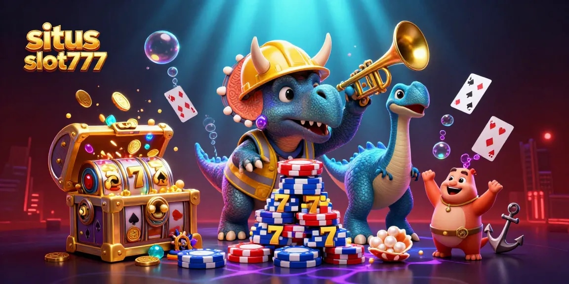 Engage with situs slot777 featuring a joyful triceratops and parasaurolophus celebrating big wins in a vibrant casino setting.