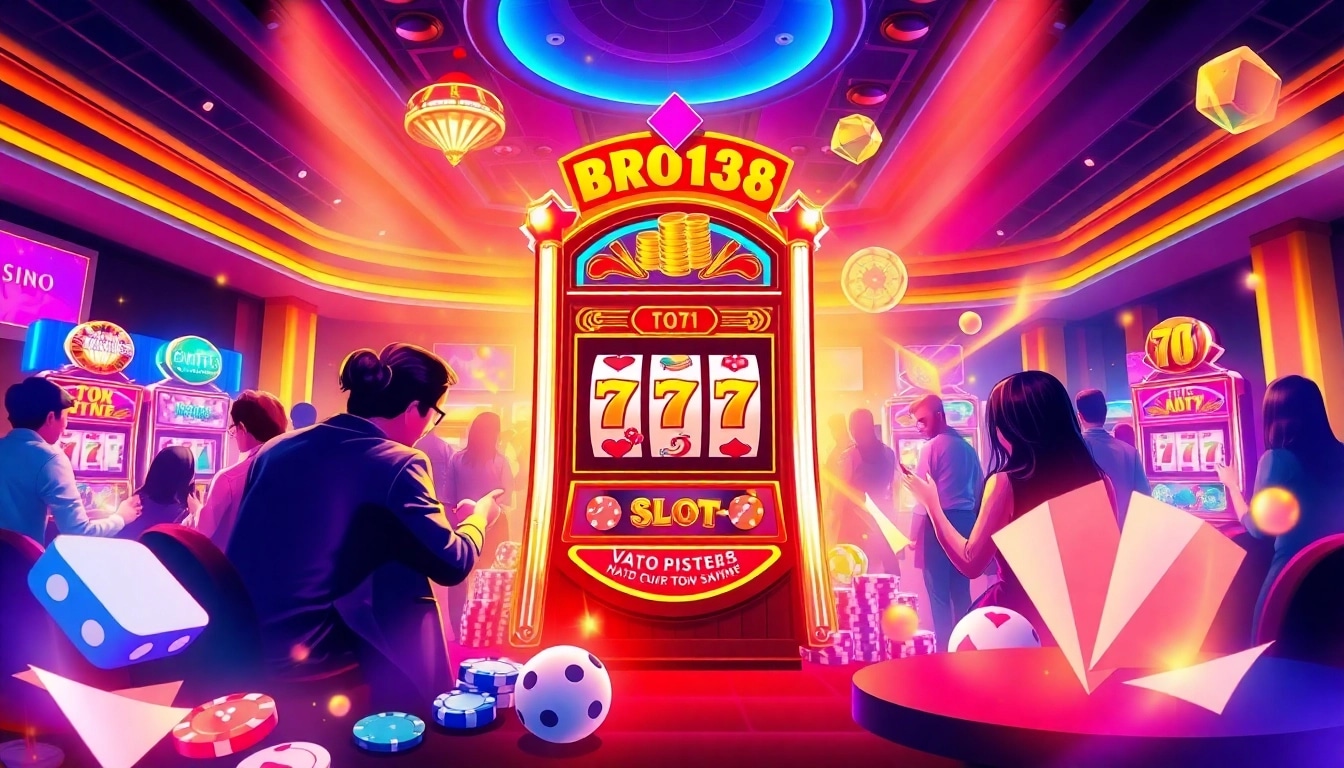 BRO138: Promo akhir tahun Toto Slot Terbaru Murah Hanya 10.000 engaging scene featuring players at a vibrant casino slot machine.