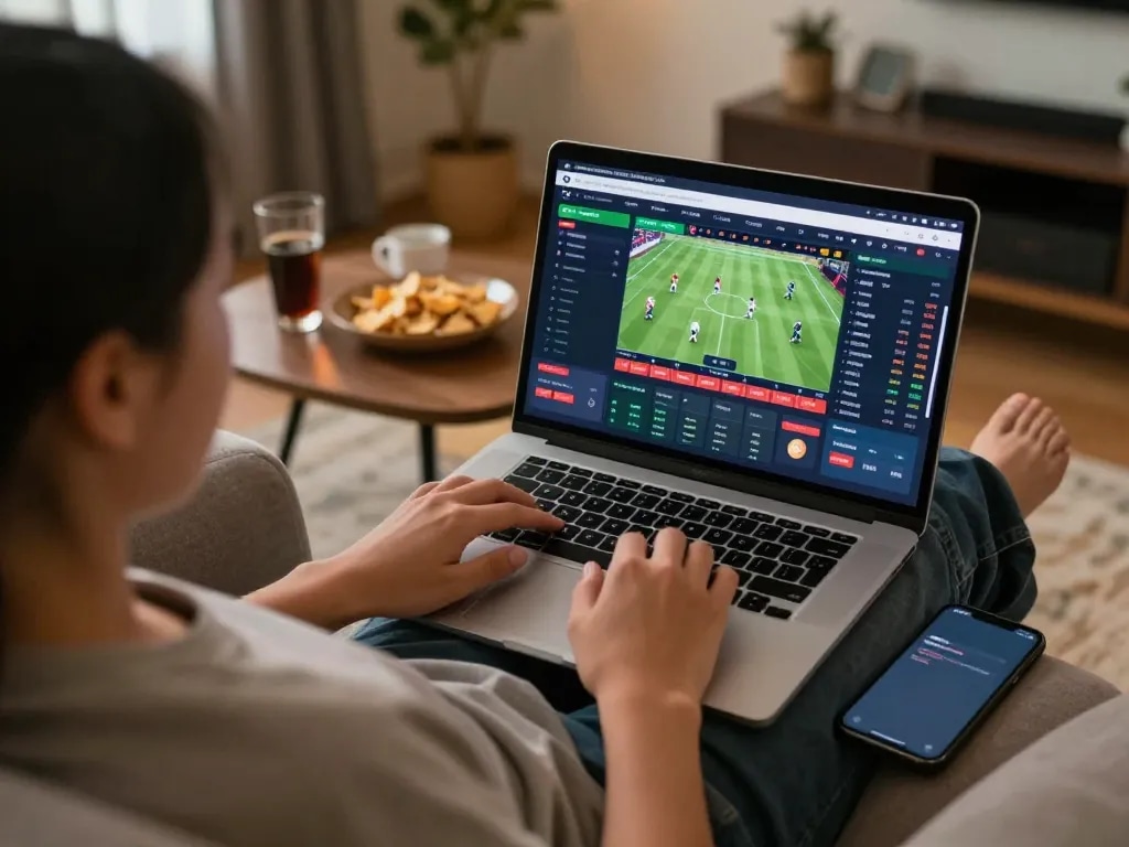 Engaging in kèo nhà cái betting analysis at home with a laptop and smartphone.