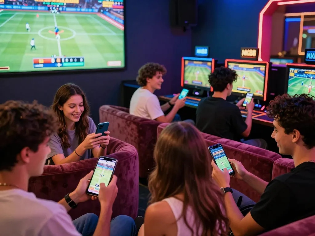 Dynamic gaming experience with friends using nhà cái nk88 platform showcasing excitement and comfort.