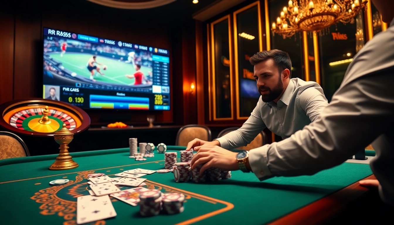 Engaging scene of players enjoying RR 88 online gambling with vibrant casino tables and exciting gaming elements.
