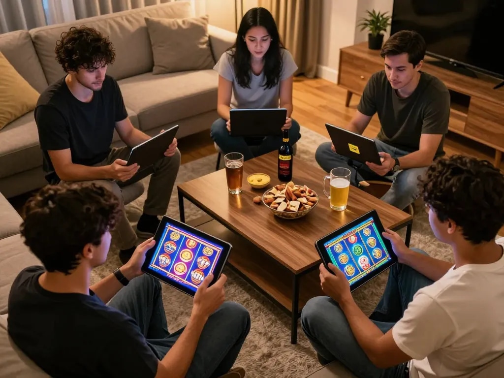 Players enjoying an online slot qris game in a cozy home environment with tablets and snacks