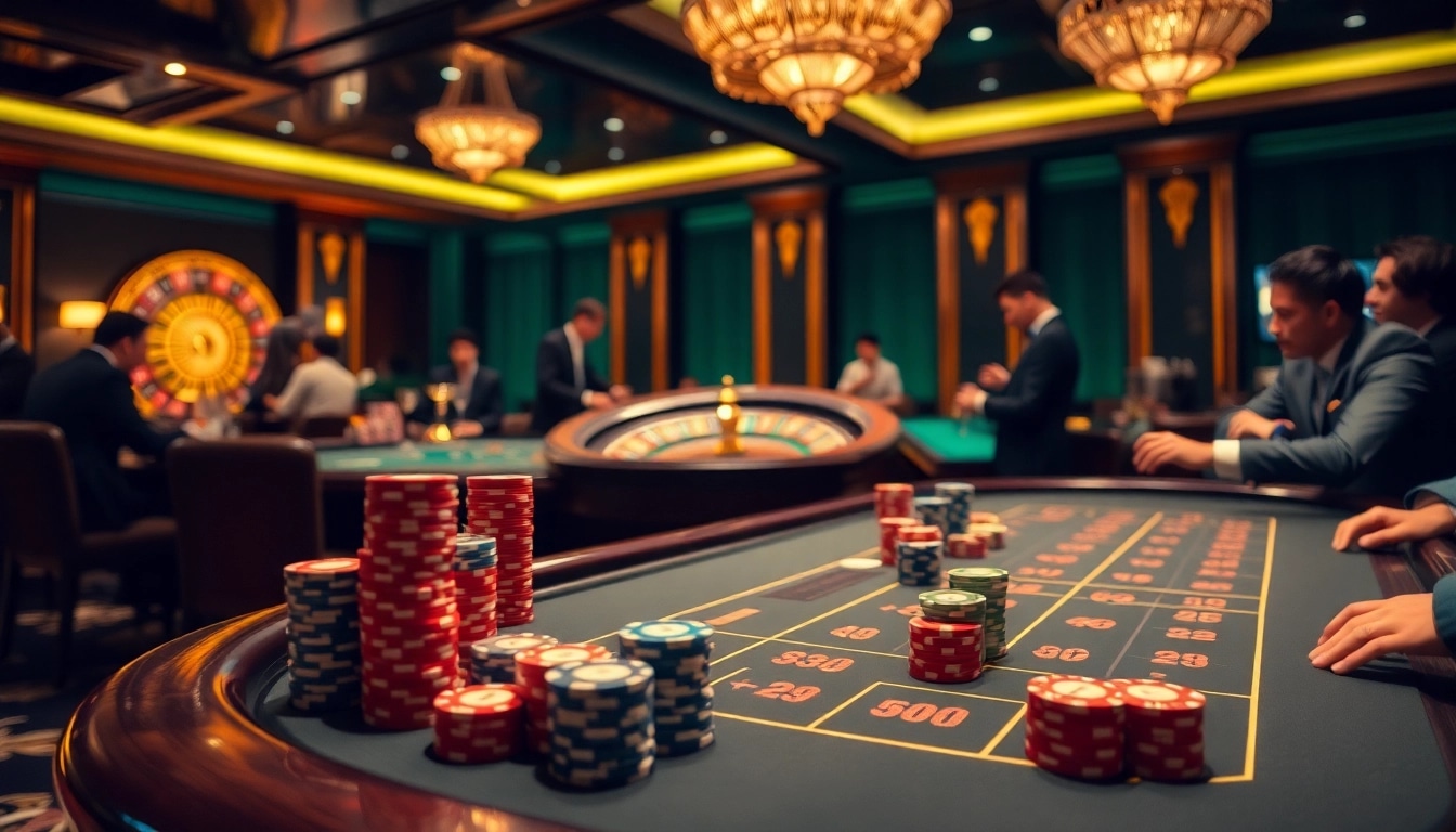 Players enjoying a thrilling game at Nhà cái HITCLUB casino, with vibrant chips and a professional atmosphere.