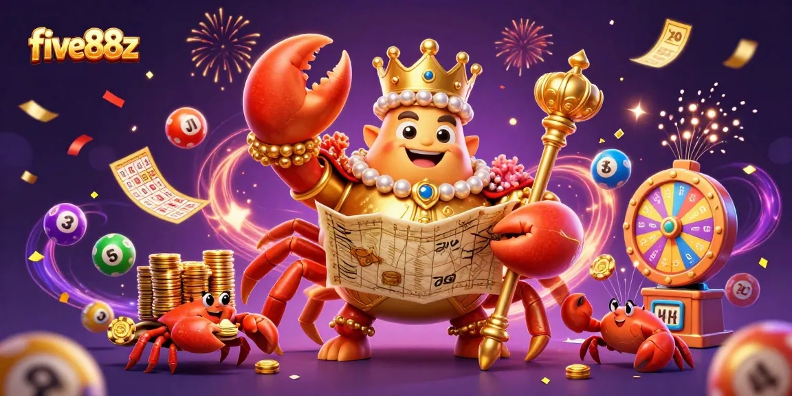 Experience five88z's vibrant lottery scene featuring a crab emperor overseeing dynamic game elements and confetti.