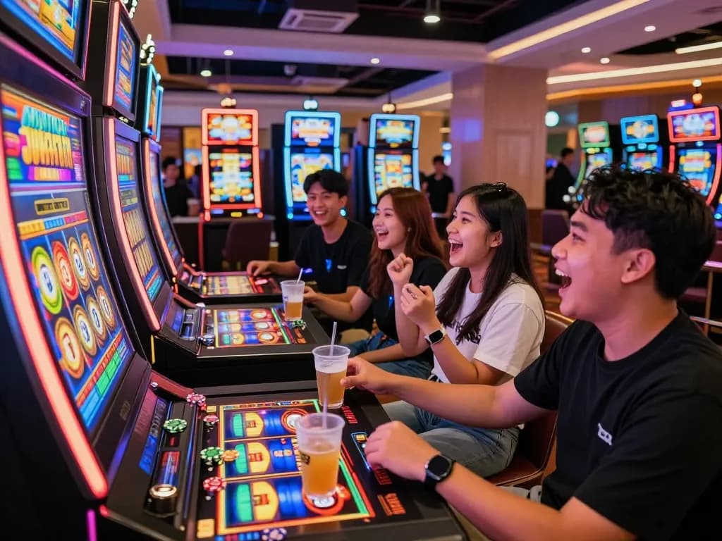 Friends enjoying the thrill of slot gacor hari ini at a colorful casino.