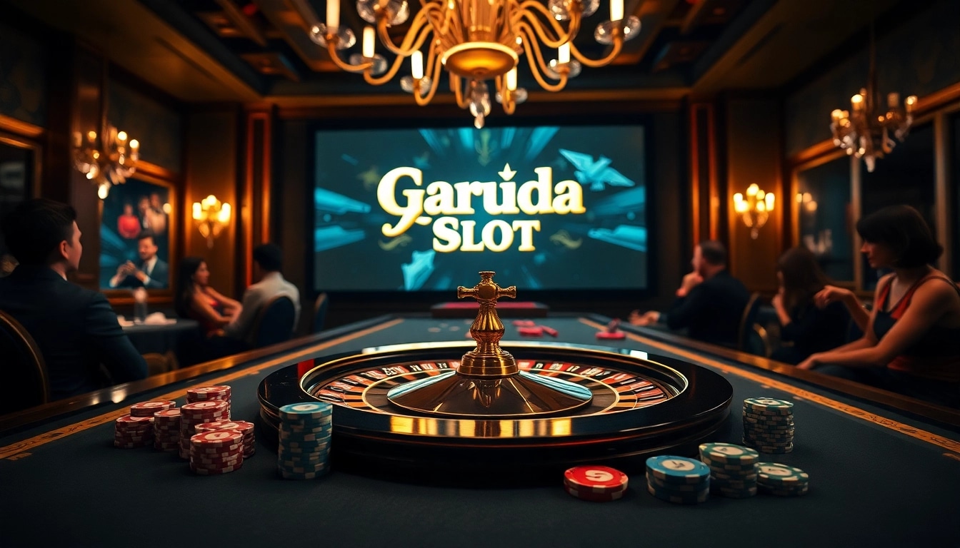 Engaging casino scene with players enjoying garuda slot games at an elegant table.