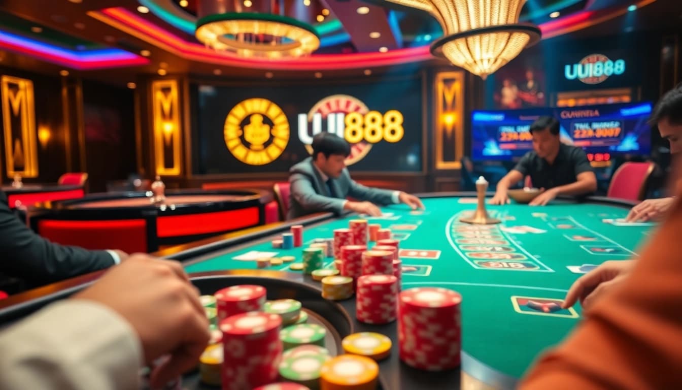 Excited players gamble at UU 88 poker table, showcasing vibrant chips and engaging action.