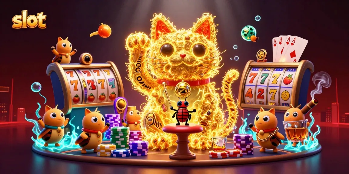 Raih keberuntungan slot dengan ilustrasi kucing keberuntungan yang bergerak di antara simbol kasino