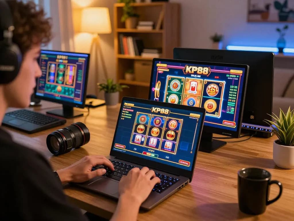 Engaging in KP88 VIP casino games from a cozy home setup, showcasing vibrant graphics and a modern atmosphere.