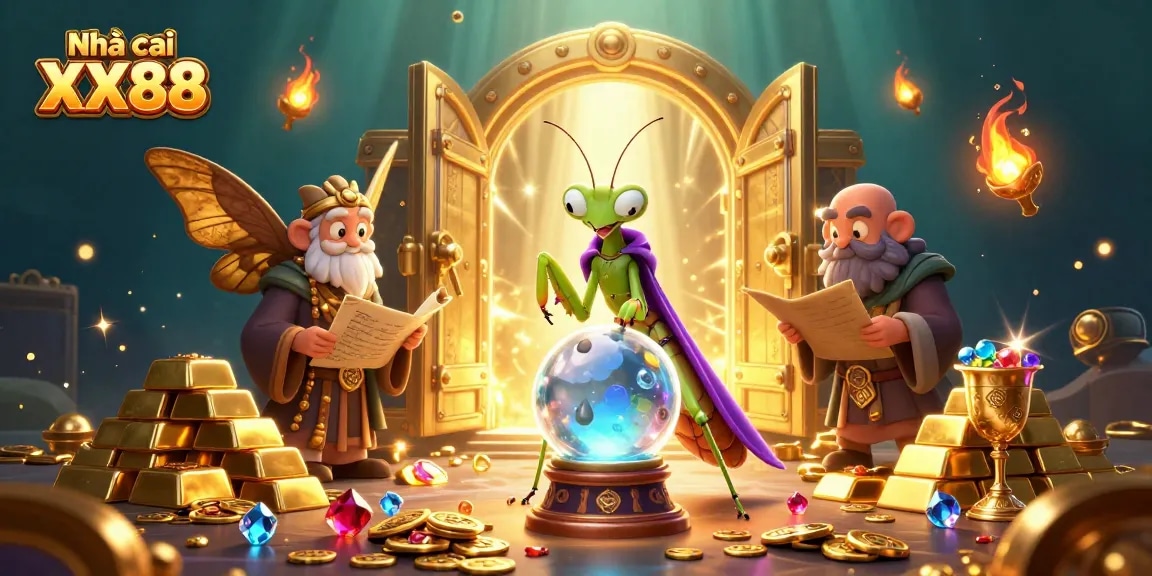 Engage with Nhà cái XX88's dynamic offerings through a vibrant 3D casino illustration showcasing fortune tellers and treasures.