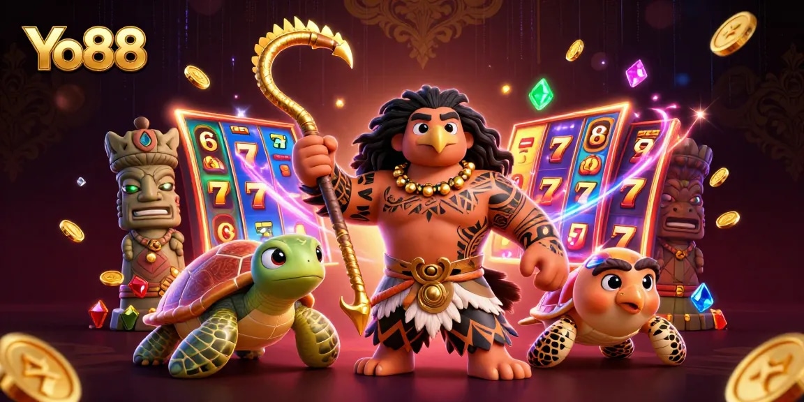 Win big at Yo88 with thrilling slot reels, vibrant gems, and lively game characters in an exciting casino atmosphere.
