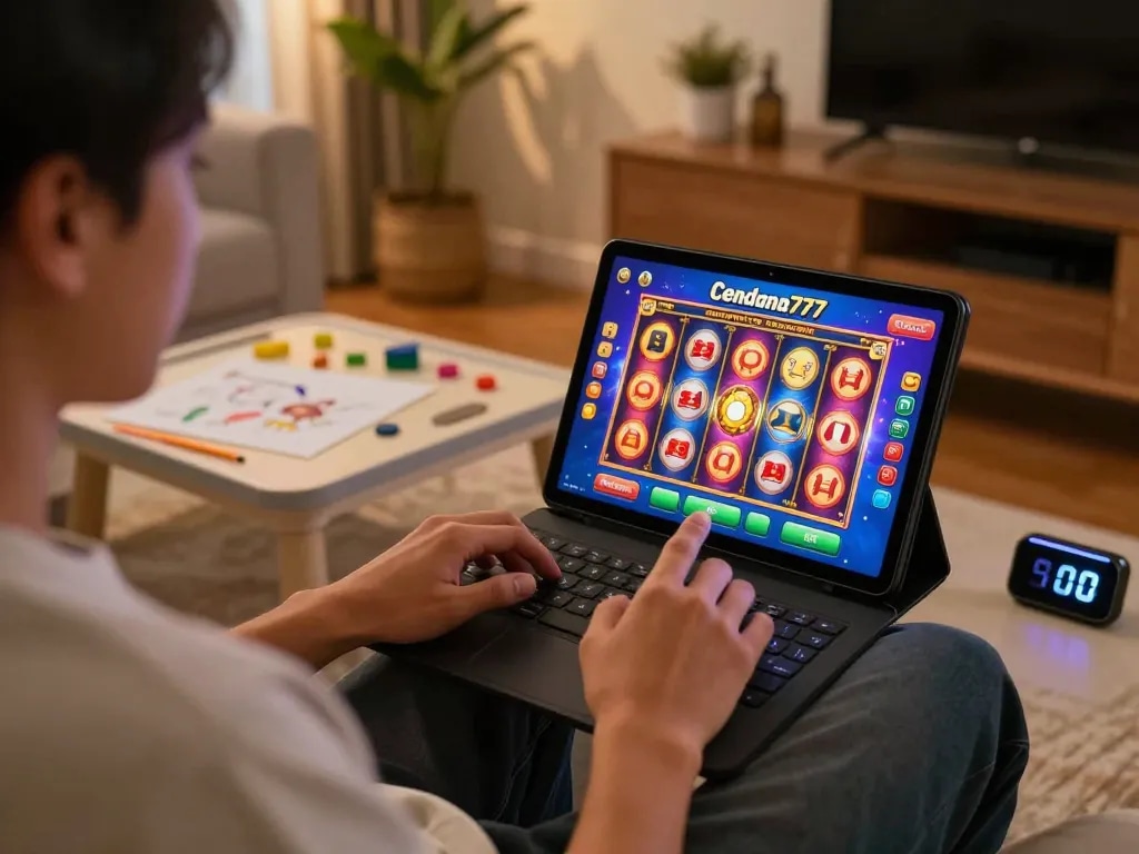 Cendana777 user enjoying an exciting online slot game on a tablet in a cozy home environment