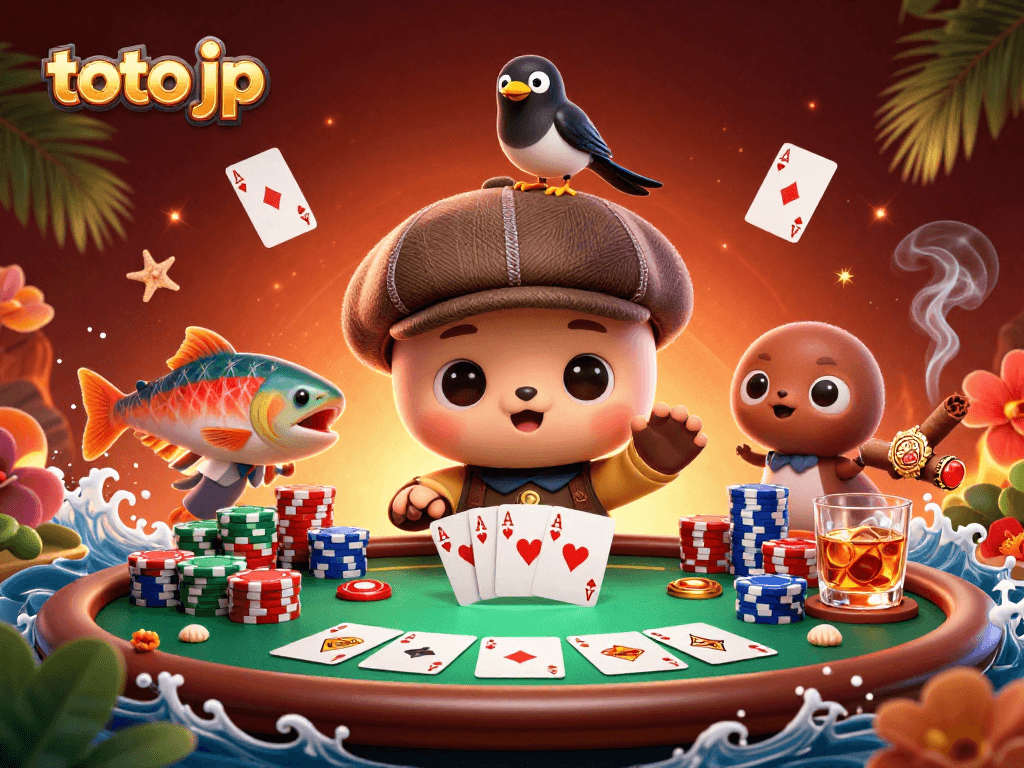 Engage with the lively casino scene featuring a cute cartoon Nessie amidst poker chips, emphasizing toto jp.