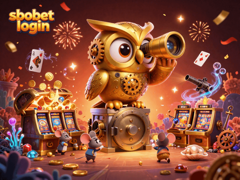 Experience sbobet login with a dynamic casino scene filled with a golden owl and fun gaming elements.