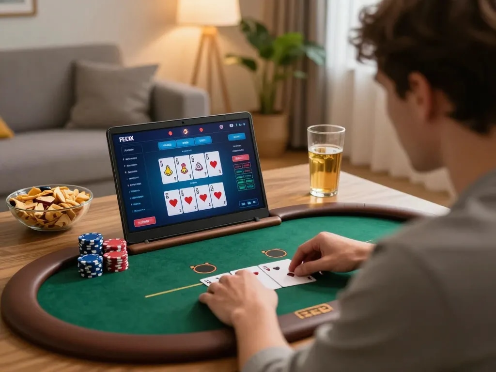 Player engages in hitclub poker game on laptop at home, showcasing strategy and enjoyment.