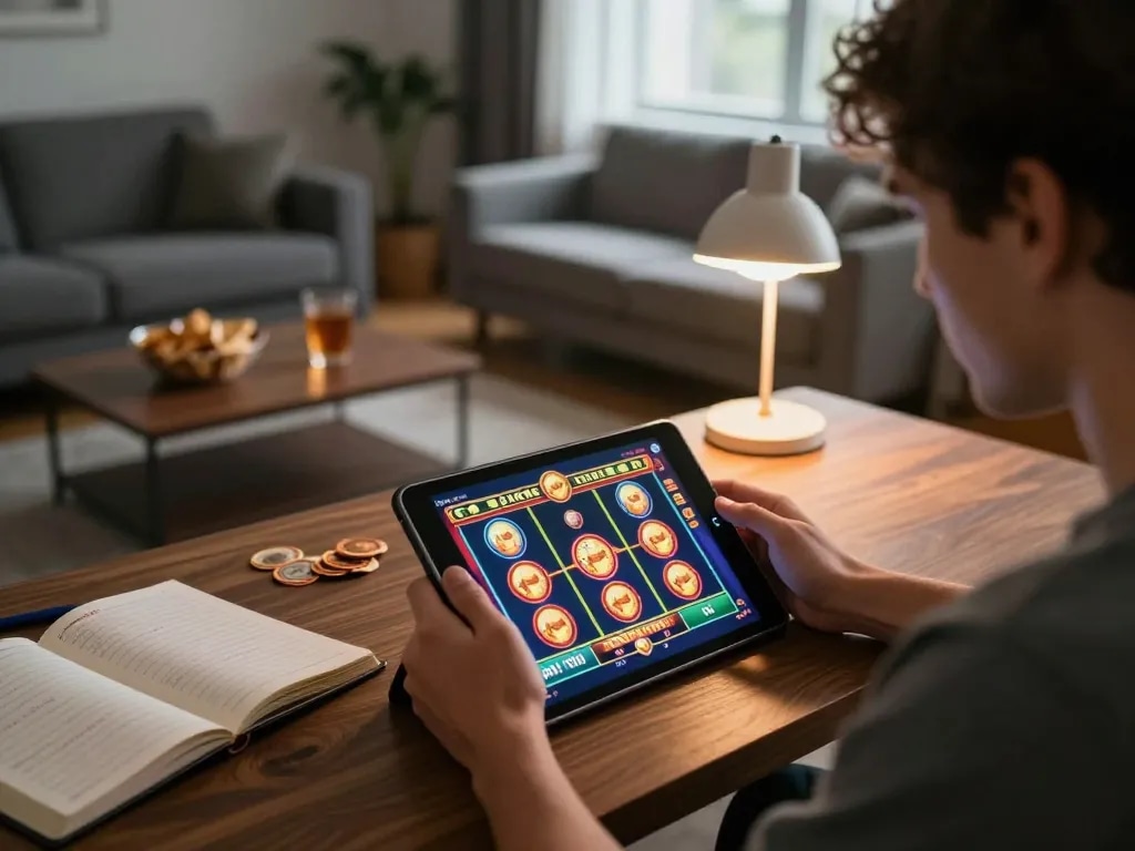 Pemain menggunakan Leci123 di tablet dalam suasana rumah yang nyaman, fokus pada pengalaman permainan slot online, dengan camilan dan catatan bankroll di dekatnya.
