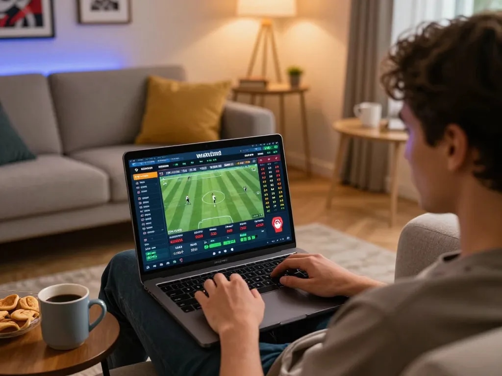 Person engaging with nowgoal online sports betting interface at home, showing real-time stats and game odds.