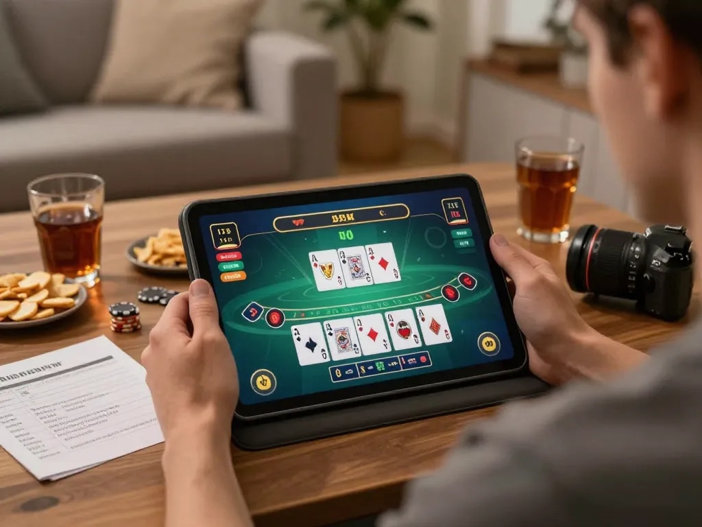 Player enjoying online gaming on sc88.charity in a cozy home setting with blackjack interface.