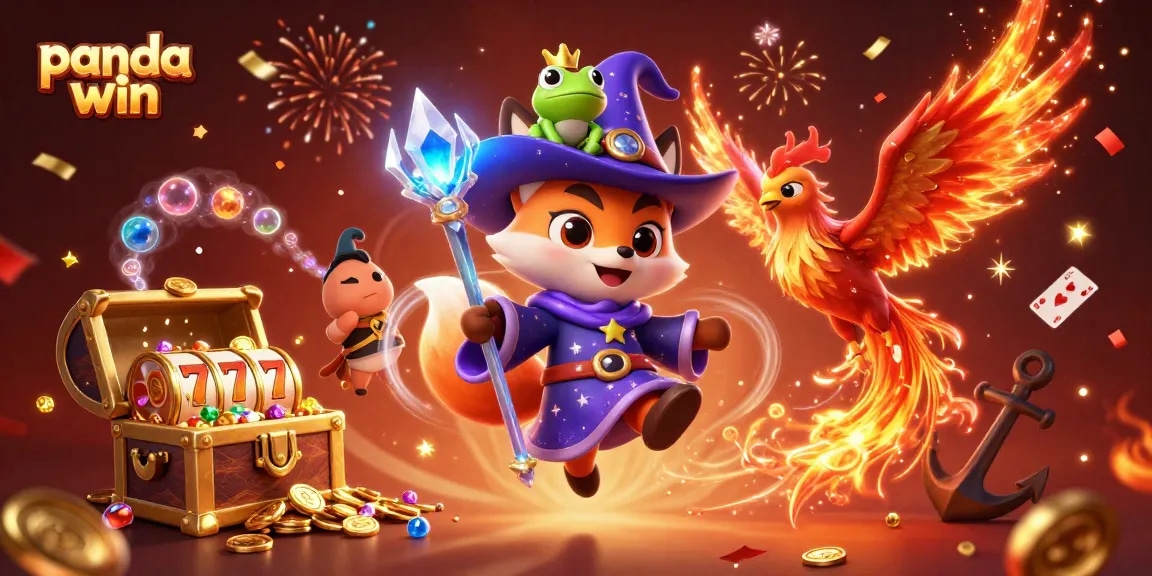 Panda win menampilkan adegan permainan slot yang cerah dengan seorang penyihir, phoenix, dan elemen harta karun.