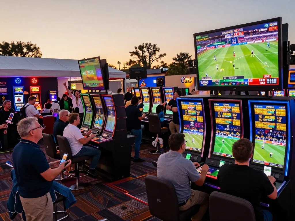 Engaged bettors at sports betting kiosks during live game day at vipwin, showcasing excitement and interaction.