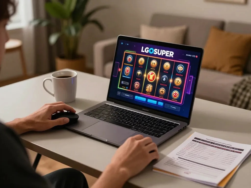 Player enjoying LGOSUPER online slot game on a laptop in a cozy home setting, capturing gaming strategy and excitement.
