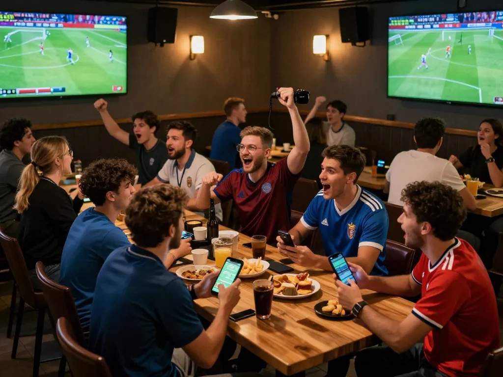 Cakhiatv streaming live soccer matches as friends celebrate goals together in a sports bar atmosphere