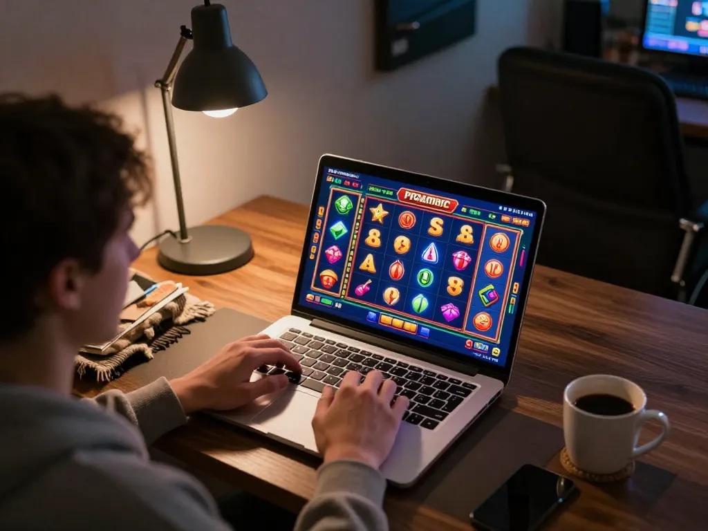 Player enjoying Pragmatic Slot on laptop, vibrant reels display, cozy home gaming atmosphere