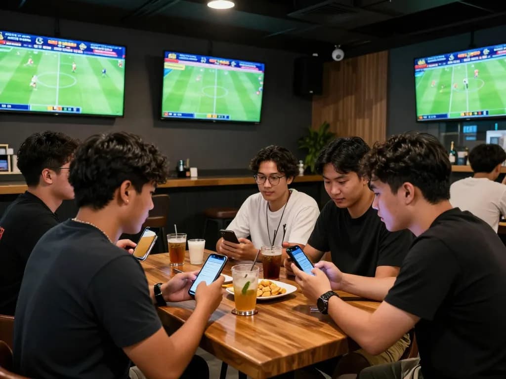 Engaged sports fans using a betting app for tructiepbongda in a lively sports bar with multiple screens