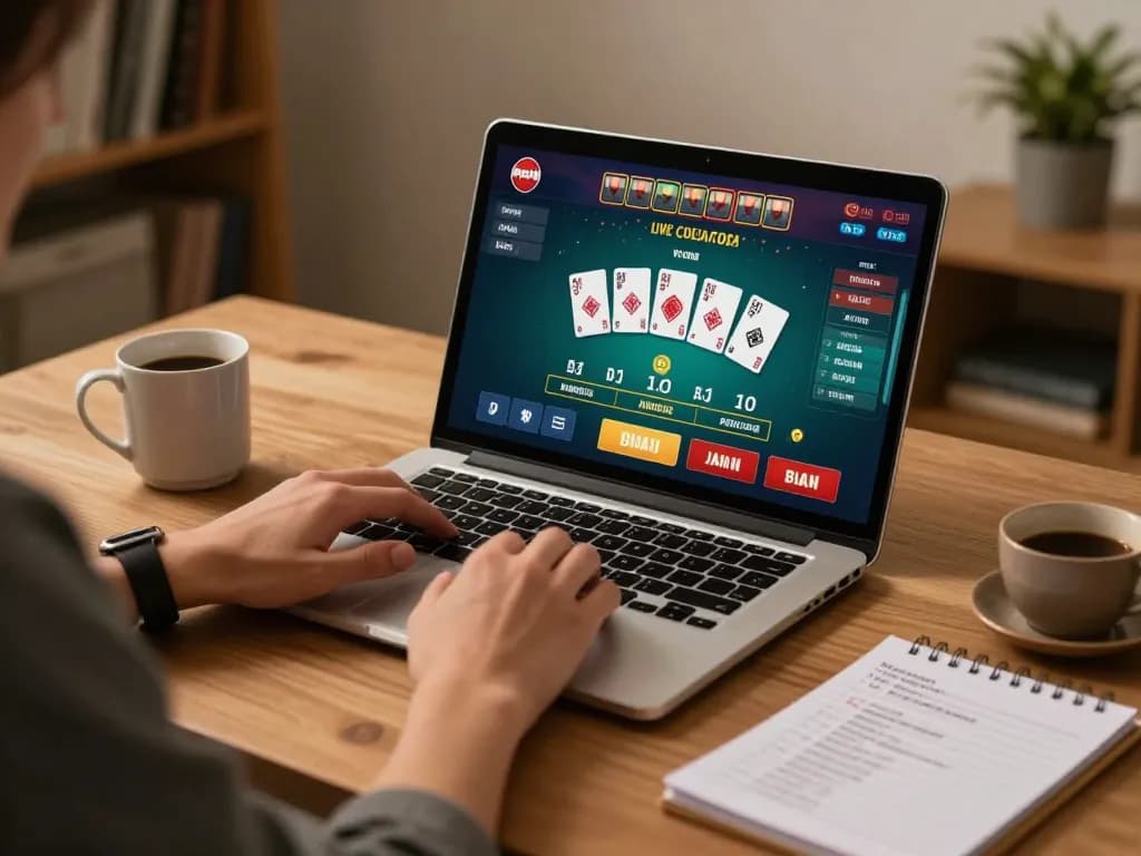 Engaging gameplay at https://www.dacsandatphanrang.com/ showcasing live dealer blackjack on a laptop, with a focus on strategy.
