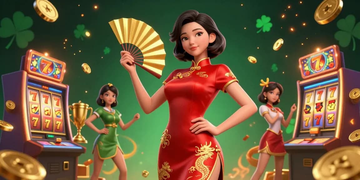 Experience exciting gaming with confessedtravelholic as a stunning Asian woman in a qipao navigates slot machines and golden elements.