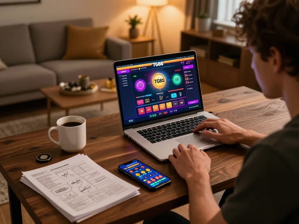 Player enjoying a TG88 online casino experience at home, laptop open with gaming interface visible